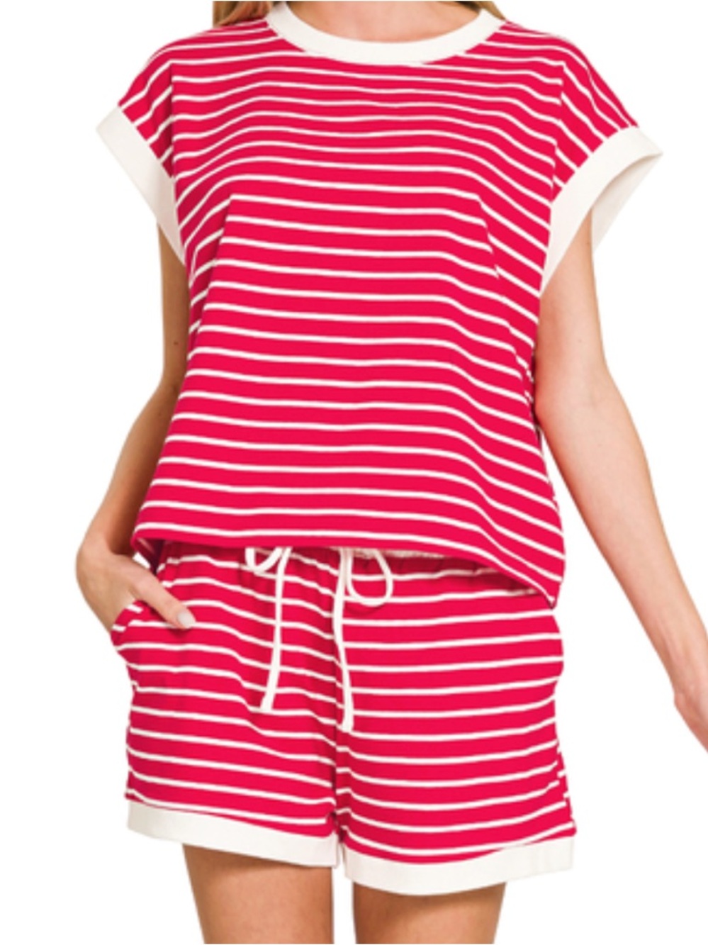 Stripe Contrast Trim Rib Banded Top & Shorts Set in Ruby Red